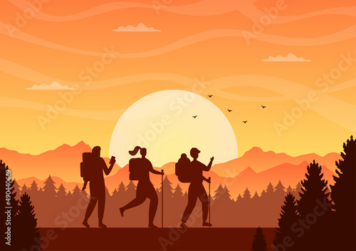 Adventure Tour on the Theme of Climbing, Trekking, Hiking, Walking or Vacation with Forest and Mountain Views in Flat Nature Background Poster Illustration