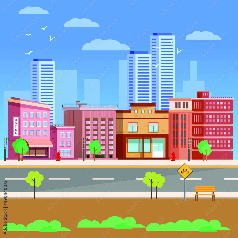Urban City with buildings with small shops, cafes and restaurants cartoon vector background, town poster with empty street tree at sunny day. Vector illustration.