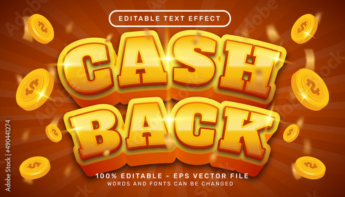 Editable text effect - cash back gold color 3d style concept with coin illustration