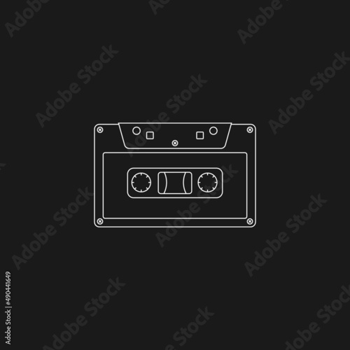 Retrowave aesthetics, linear style audio cassette. Synthwave black and white audio cassette, 1980s style. Design element for retrowave style projects. Vector
