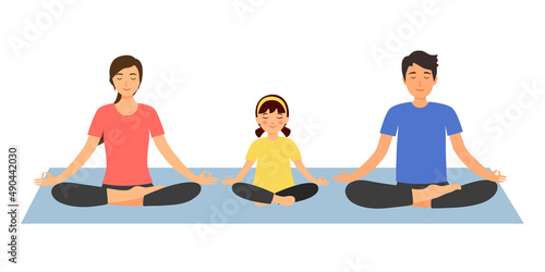 Mother, father and daughter meditating in flat design on white background. Family doing meditation training together.