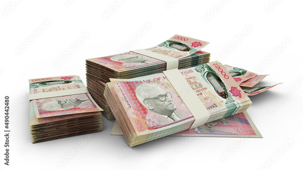 3d rendering of Stack of Mauritian rupee notes. bundles of Mauritian currency notes isolated on white background 3d rendering of Stack of Mauritian rupee notes. bundles of Mauritian currency notes isolated on white background