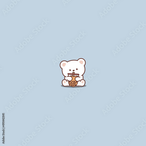 Cute polar bear with bubble tea cartoon, vector illustration