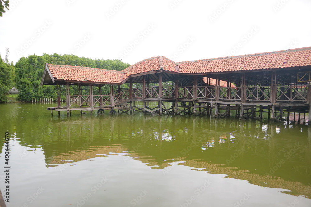 old wooden building in the middle of a swamp with green water
