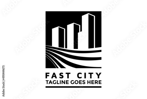 Retro Vintage Fast Way with Building Town City for Real Estate Development Property Logo Design Vector