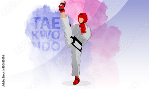 A taekwondo athlete makes a kick. Kimono, helmet, gloves, black belt, attributes of martial arts.