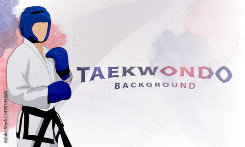 Taekwondo poster. Abstract background. A young fighter in a kimono, helmet and gloves and with a black belt in martial arts. Taekwondo GTF