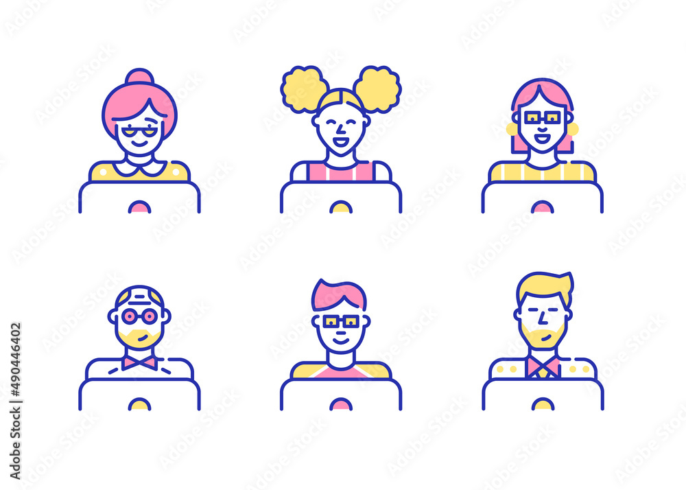 Male and female people of different ages working or learning at laptops. Pixel perfect, editable stroke fun color icons Male and female people of different ages working or learning at laptops. Pixel perfect, editable stroke fun color icons