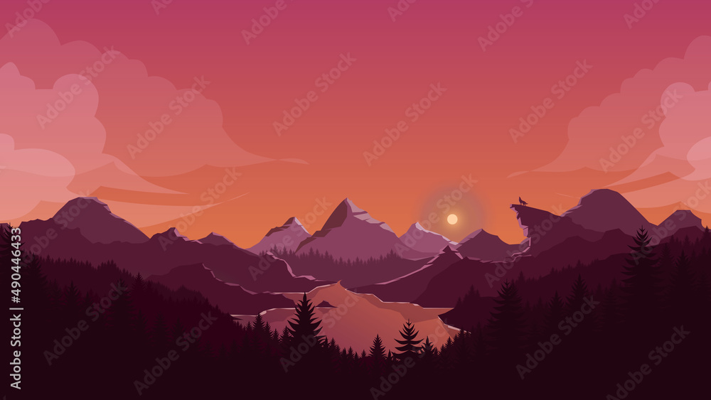 Sunset mountains landscape background, orange sky with wolf silhouette