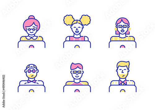 Male and female people of different ages working or learning at laptops. Pixel perfect  editable stroke fun color icons
