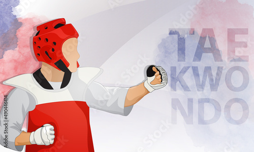 The young taekwondo martial arts athlete is wearing a protective suit, helmet and gloves. Taekwondo vtf