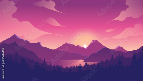 Fototapeta Naklejka Na Ścianę i Meble -  Pink mountains landscape background, sunset mountains