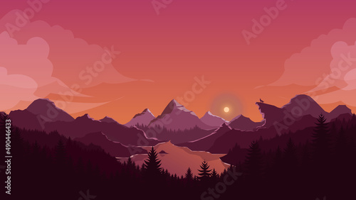 Sunset mountains landscape background, orange sky with wolf silhouette © alvnprbw_