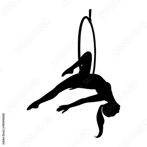 Aerial female gymnast silhouette in hoop. Aerial gymnastics stunt. Vector illustration isolated on white background