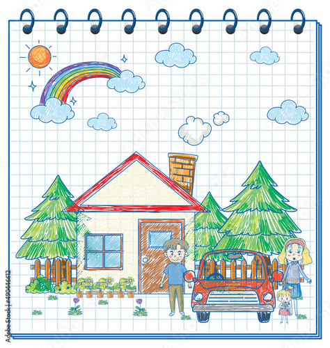 A notebook with a doodle sketch design with colour at the cover page