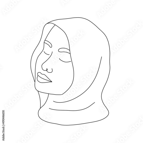 Linear arab woman in hijab. Contemporary minimalist female portrait with closed eyes. Hand drawn outline female silhouette. Vector illustration in one line style. Beauty logo