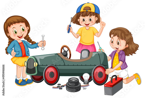 Children repairing a car together