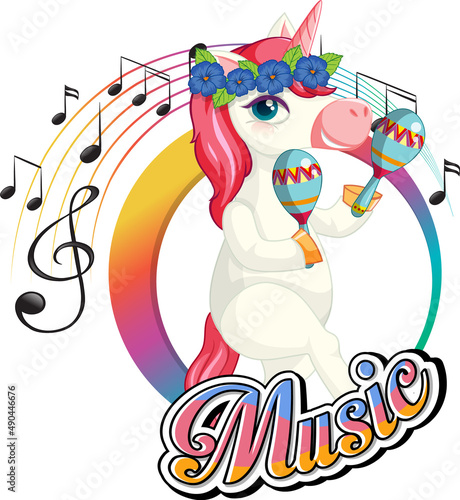 Cute pink unicorn shaking maracas with music notes on white background.