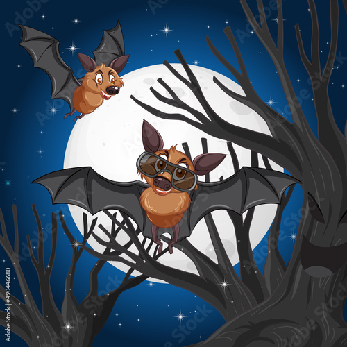Halloween night scene with two bats in cartoon style