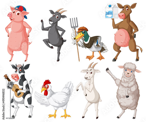 Set of different farm animals cartoon characters