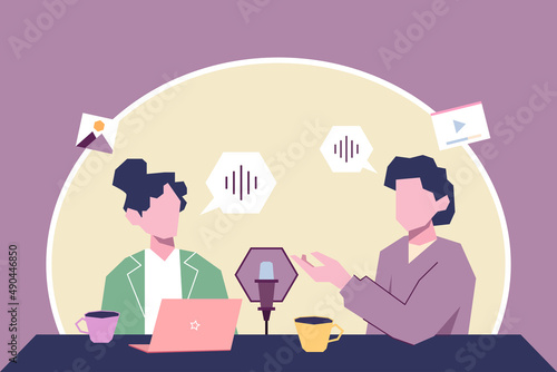Fotografi two people talking on podcast, broadcast online via video sharing site