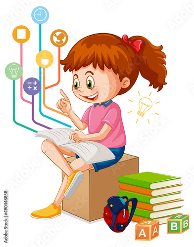 A girl reading books on white background