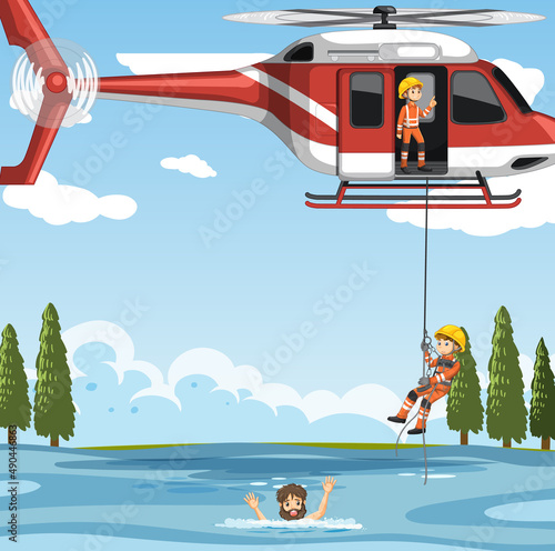 Ocean scene with firerman rescue in cartoon style