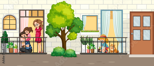 House facade with people at the windows