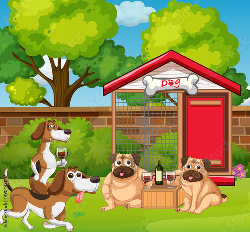 Four dogs drinking outside in park