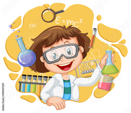 Scientist girl cartoon character with laboratory equipments