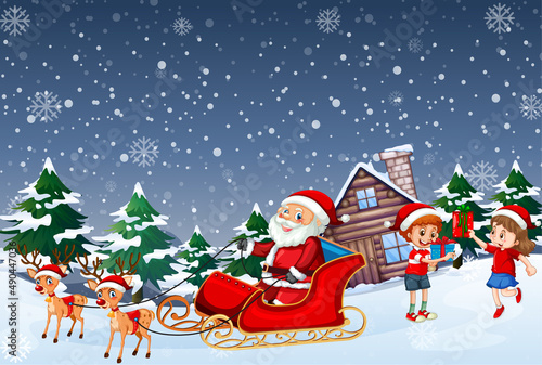 Santa Claus on sleigh in snowy winter night scene