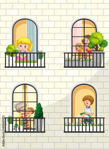 Building facade with people at the windows