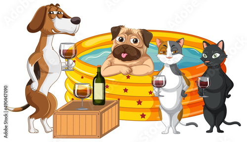 Cute puppy dogs and cats party in rubber swimming pool