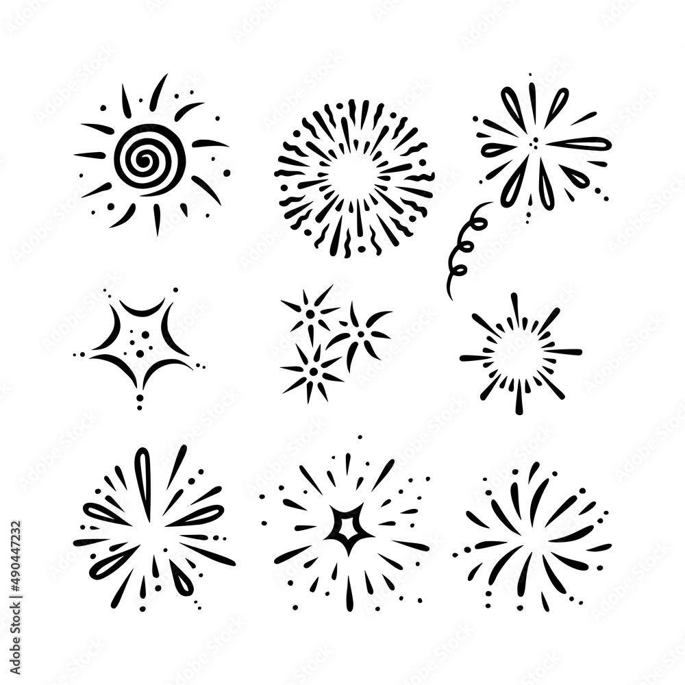 Doodle firework set. Shiny foreworks for parties and celebrations. Vector illustration isolated in white background