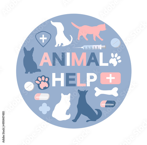 vector hand drawn illustration in flat style on the theme of veterinary medicine, helping animals. circle with various cats and dogs and pet products.