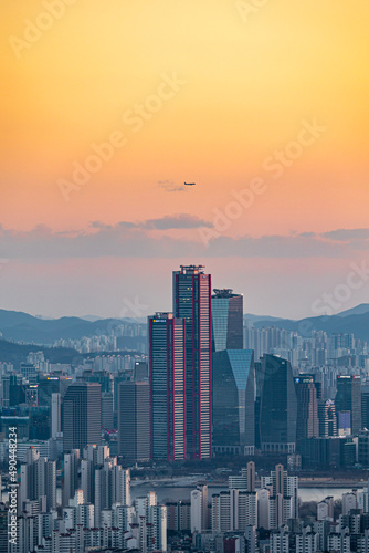 city skyline at sunset of seoul