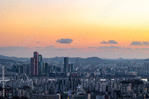 city skyline at sunset of seoul