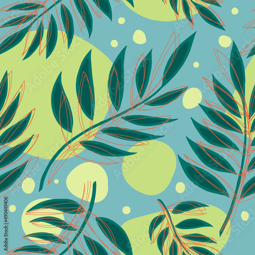 Seamless vector background with different fern leaves on grey background with red lines. Vector illustration