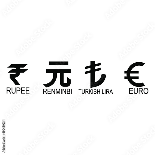 Base currency icon symbol sign  vector illustration of Rupee  Renmimbi  Lira and Euro currencies in black and white color. Simple and isolated style on a blank background.