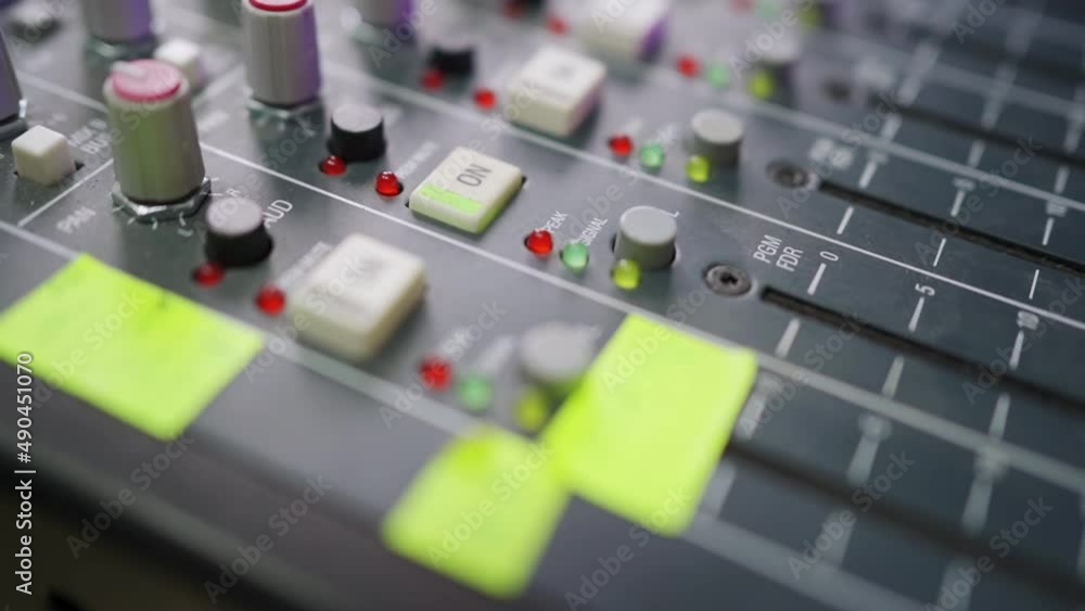 mixing console. radio presenter desk. turning on and off the airwaves, sound.