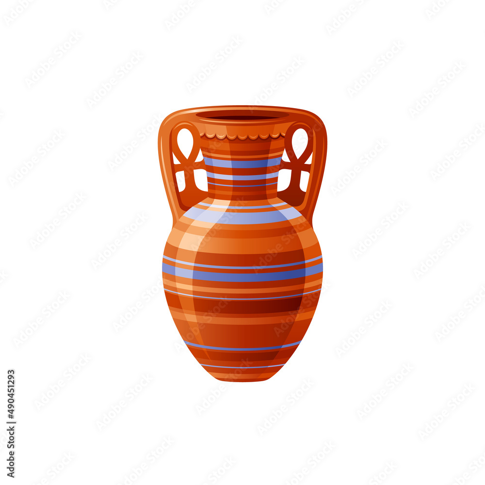 Egyptian clay amphora vase. Old geometric ornament decoration from ancient Egypt art, pottery craft. Cartoon 3d realistic, historical icon for logo. Vector illustration isolated on white background