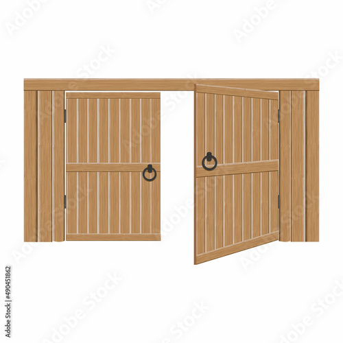 Old wooden massive open gates, vector illustration. Double door with iron handles and hinges