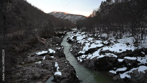 Mountain river in Adygeya. Winter in Russian Federation photo