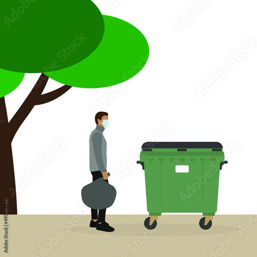 Male character in a medical mask and with a trash bag in his hand stands near a trash can outdoors