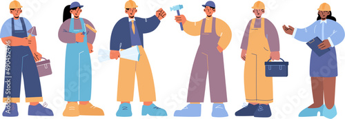 Construction workers, builder, engineer and technician. Vector flat illustration of people working in building industry, professional repairman, architect, house painter and foreman