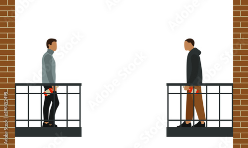 Two male characters with bottles of alcohol in their hands stand on opposite balconies