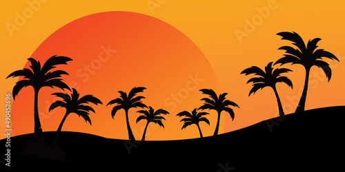 Vector beach sunset background. Summer vacation backdrop for design. Tropical sunset scene for travelling design. © GasBagas