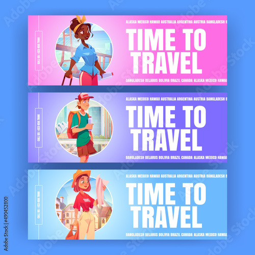 Time to travel cartoon banners. Tourists backpackers learning map searching way on world landmarks background. Travelers agency service flyers, summer vacation trip, adventure Vector illustration