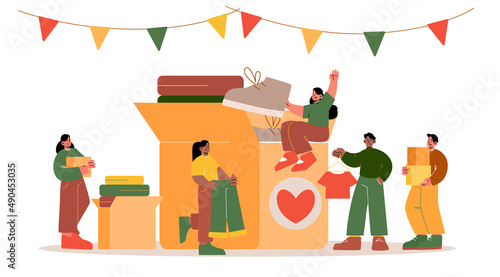 People donate clothes for charity, humanitarian aid or exchange. Vector flat illustration of women and men give old garment in cardboard donation box for poor and homeless