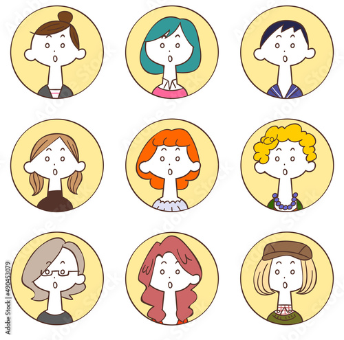 円形で囲まれた9人の若い女性の驚きの表情のアイコン2
